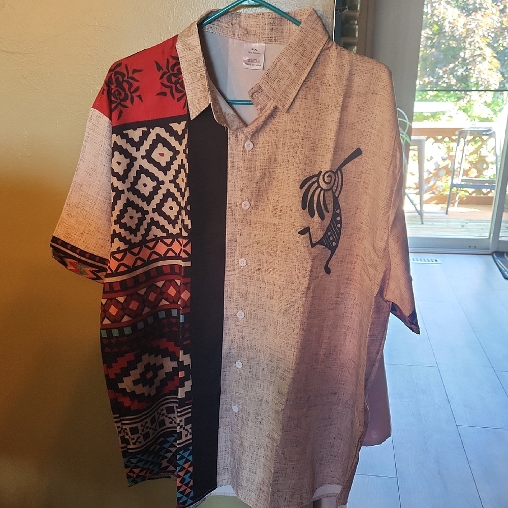 Men's Tribal Pattern Button Down Shirt - Red, Black, Cream